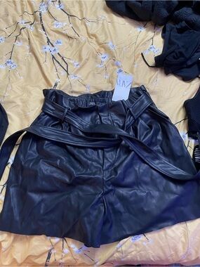 Zara Black Faux Leather Paperbag Shorts with Belt
